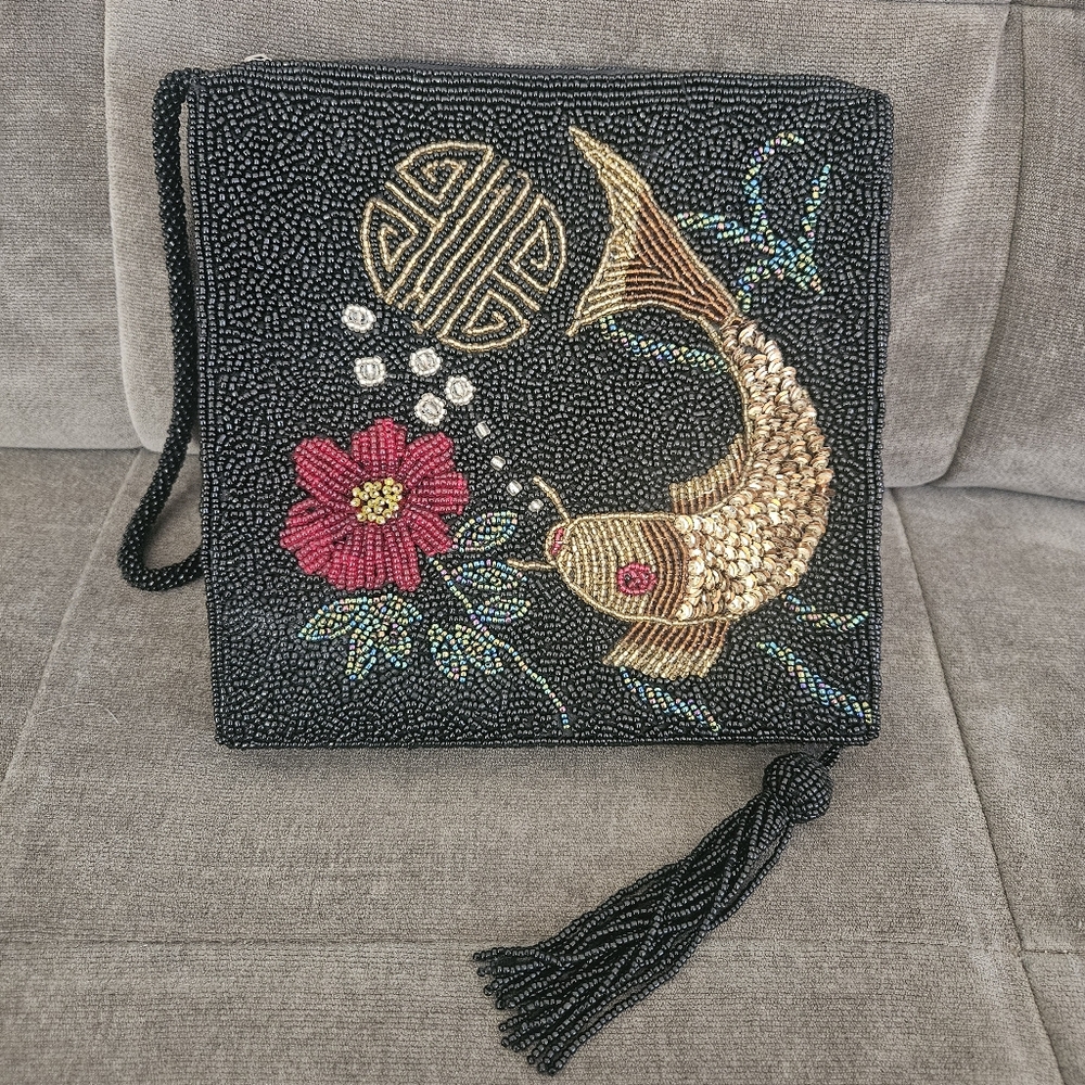 Chicos Koi Fish Flower Beaded Wristlet Bag Purse